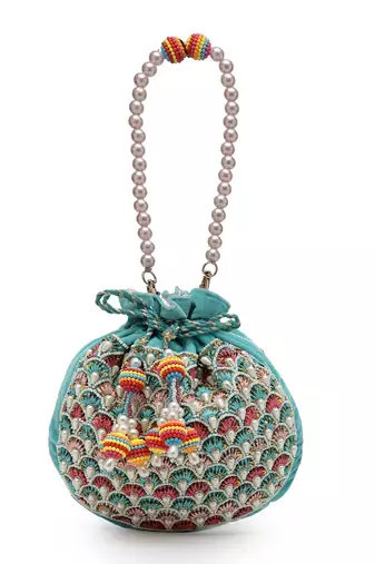 dangle aqua blue & multi fish scale embellished velvet potli