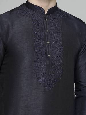 blue colour cotton blend thread embriodered work design ethnic kurta for men 4