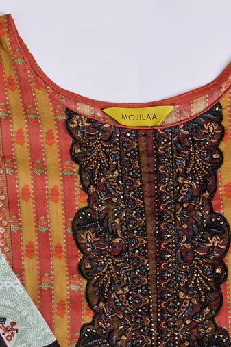 Mojilaa women's orange cotton striped embroidered pakistani style kurta with pant & dupatta