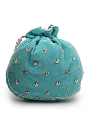 dangle aqua blue & multi fish scale embellished velvet potli 5