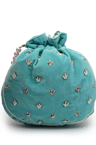 dangle aqua blue & multi fish scale embellished velvet potli