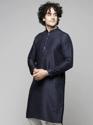 blue colour cotton blend thread embriodered work design ethnic kurta for men 5