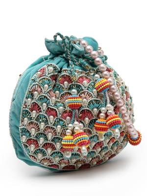 dangle aqua blue & multi fish scale embellished velvet potli 6