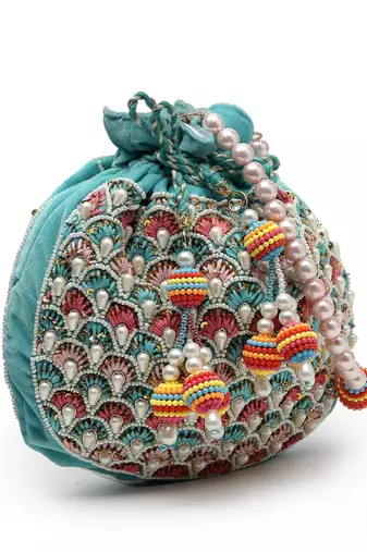 dangle aqua blue & multi fish scale embellished velvet potli