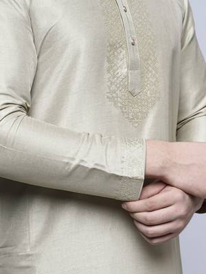 Maahi fabs bottle pista colour cotton blend mirror sequence work design ethnic long kurta for men 5