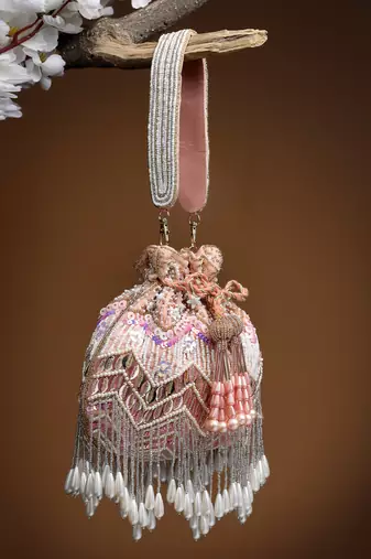 droop peach & multi chevron embellished velvet potli