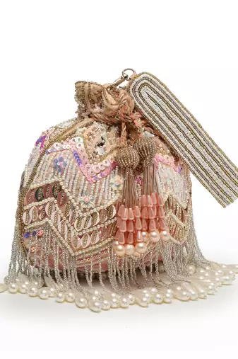 droop peach & multi chevron embellished velvet potli
