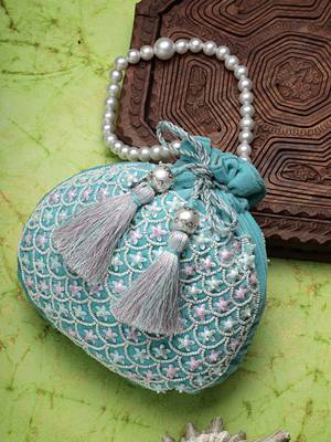 dangle aqua blue & pink fish scale embellished velvet potli 1