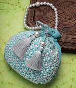 dangle aqua blue & pink fish scale embellished velvet potli