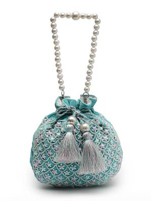 dangle aqua blue & pink fish scale embellished velvet potli 4