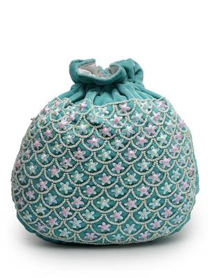 dangle aqua blue & pink fish scale embellished velvet potli 5
