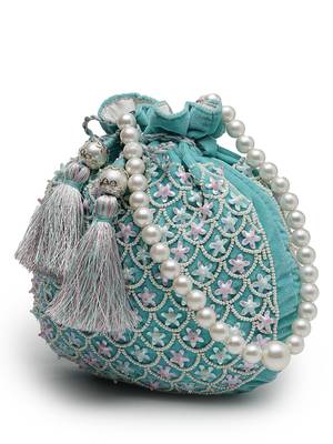 dangle aqua blue & pink fish scale embellished velvet potli 6
