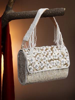 coffer champagne & white floral embellished faux silk clutch 1