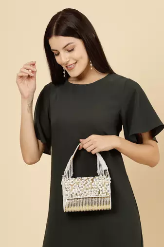 coffer champagne & white floral embellished faux silk clutch