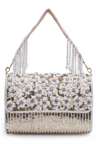 coffer champagne & white floral embellished faux silk clutch