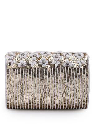 coffer champagne & white floral embellished faux silk clutch 5