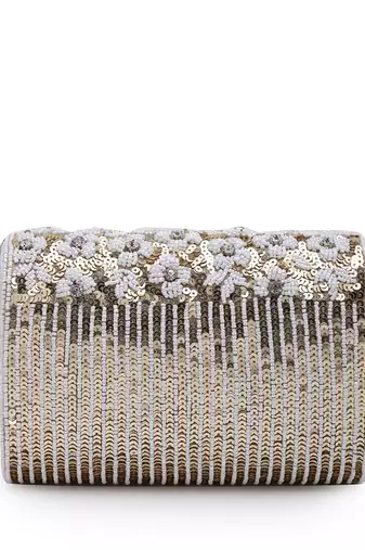 coffer champagne & white floral embellished faux silk clutch