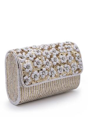 coffer champagne & white floral embellished faux silk clutch 6