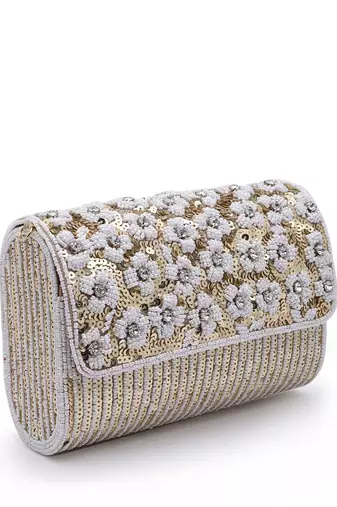 coffer champagne & white floral embellished faux silk clutch