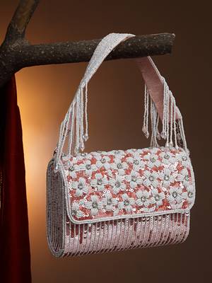 coffer coral & white floral embellished faux silk clutch 1