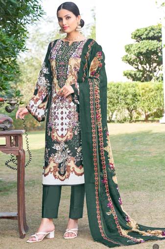  dark green cotton ethnic motifs embroidered pakistani style kurta with pant & dupatta