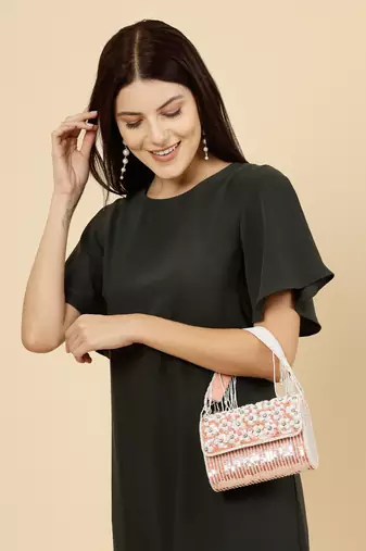 coffer coral & white floral embellished faux silk clutch