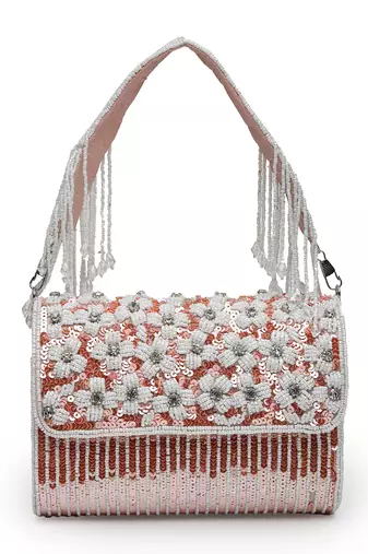 coffer coral & white floral embellished faux silk clutch