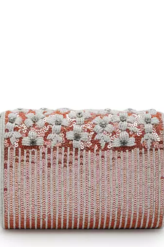 coffer coral & white floral embellished faux silk clutch