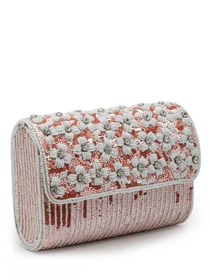 coffer coral & white floral embellished faux silk clutch 6
