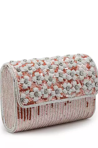 coffer coral & white floral embellished faux silk clutch