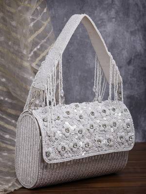 coffer silver & white floral embellished faux silk clutch 1