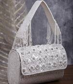 coffer silver & white floral embellished faux silk clutch
