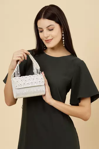 coffer silver & white floral embellished faux silk clutch