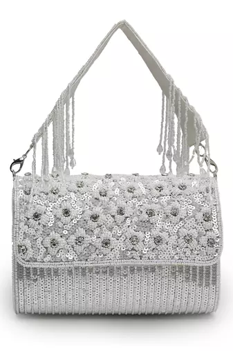 coffer silver & white floral embellished faux silk clutch
