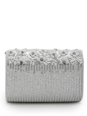 coffer silver & white floral embellished faux silk clutch 5