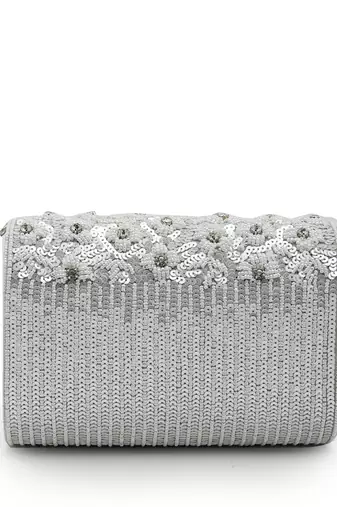coffer silver & white floral embellished faux silk clutch