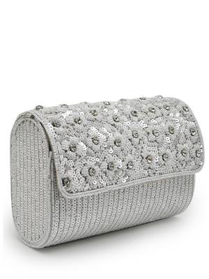 coffer silver & white floral embellished faux silk clutch 6