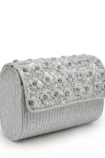 coffer silver & white floral embellished faux silk clutch