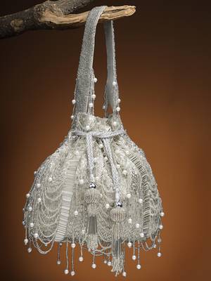 droop silver & white striped embellished faux silk potli 1