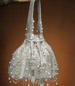 droop silver & white striped embellished faux silk potli