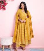  yellow cotton floral print gota patti angrakha kurta with palazzo & dupatta
