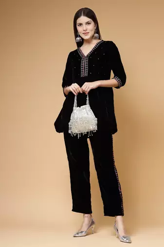 droop silver & white striped embellished faux silk potli