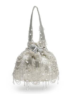 droop silver & white striped embellished faux silk potli 4