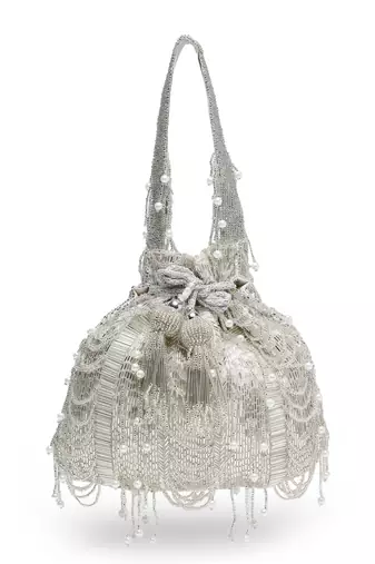 droop silver & white striped embellished faux silk potli