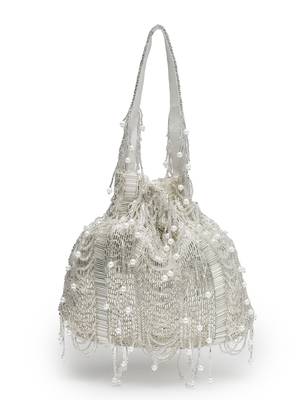 droop silver & white striped embellished faux silk potli 5