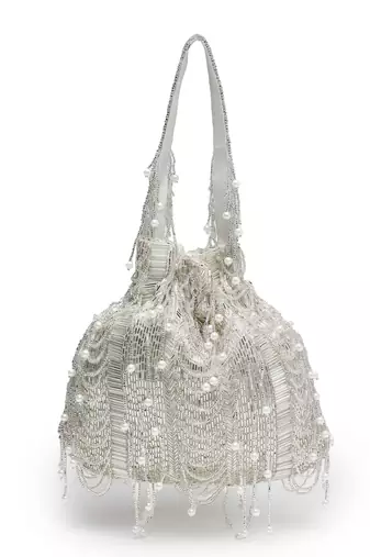 droop silver & white striped embellished faux silk potli