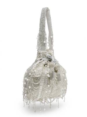 droop silver & white striped embellished faux silk potli 6