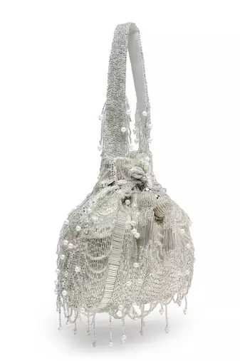 droop silver & white striped embellished faux silk potli