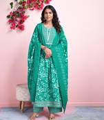  sea green cotton floral print gota patti flared kurta with palazzo & dupatta