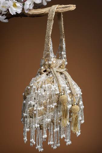droop gold & silver palmette embellished suede potli